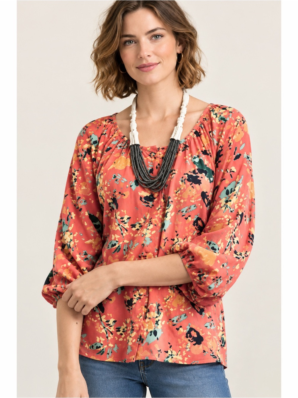 Bayla Jane | Anthro Floral Button Front Long Sleeve Silky Lightweight Blouse
